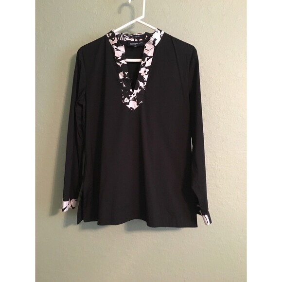 Women's Jones New York Black/White Floral Trim Split Neck Long Sleeve Tunic  M - Picture 1 of 4